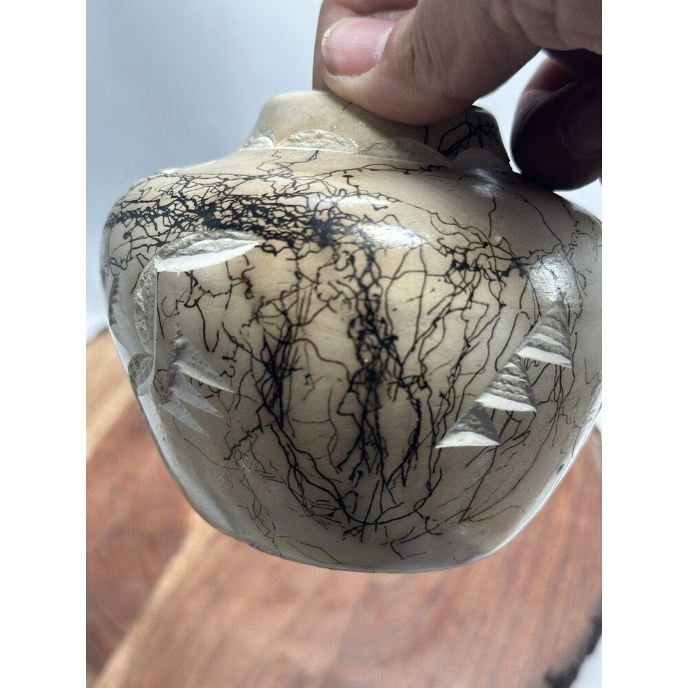 Navajo Native American Horsehair Pottery Vase Etched By T. Vail Raku